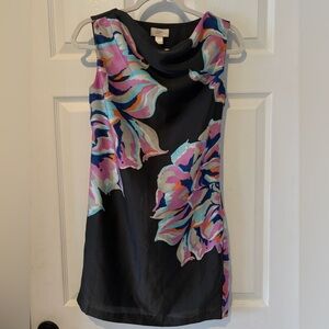 LOFT Black Silk Blend Shift Dress with Pink, Coral Floral Print size 0P